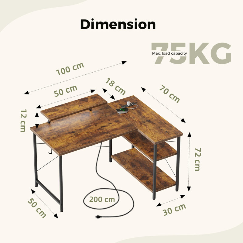 L-Shaped Metal Base Computer Desk, Brown/Black