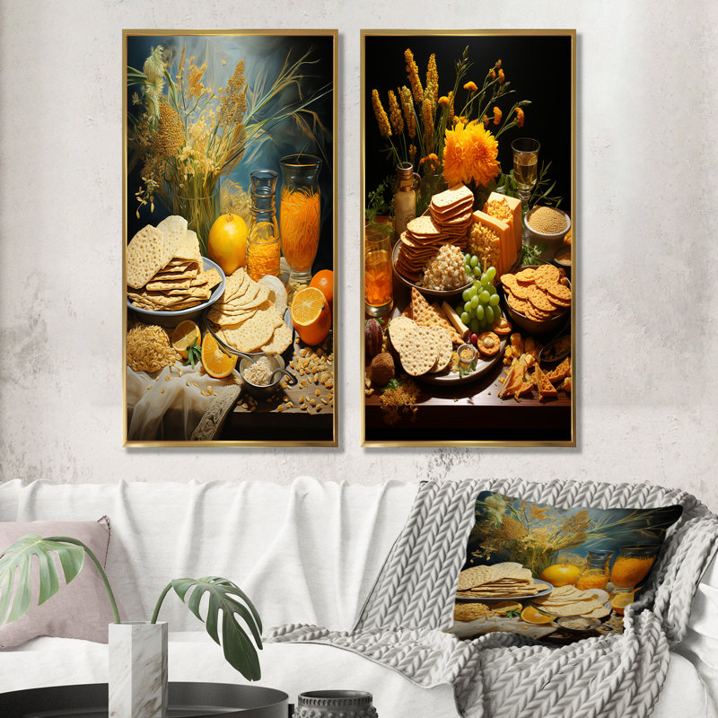 «Judais Matzah Passover Feast» - Judaïsme, ensemble de 2 reproductions d'art sur toile, Encadrement doré, H 32 po x l 33 po