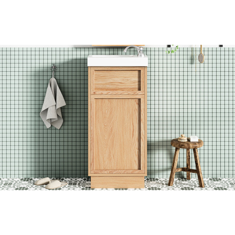Meuble-lavabo de style rustique 15,33 po pour salle de bain avec lavabo réversible en résine, tablette réglable, porte à pousser, fonction de fermeture en douceur, aménagement pour petits espaces au fini grain de bois