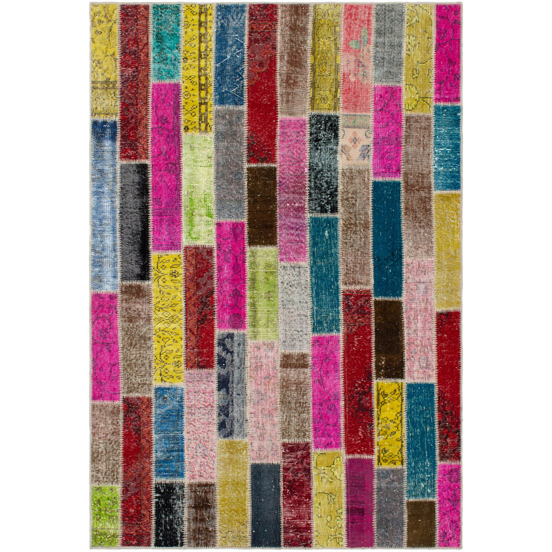 Tapis unique en laine noué à la main style patchwork des années 1980 de 5 pi 6 po x 8 pi 1 po bleu / rose Medjaou