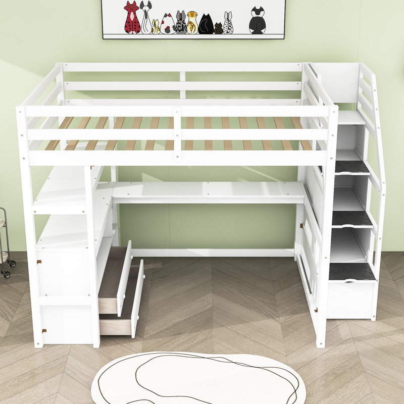 Lit mezzanine en bois avec bureau, tablettes et deux tiroirs Kaci, Complète, Blanc