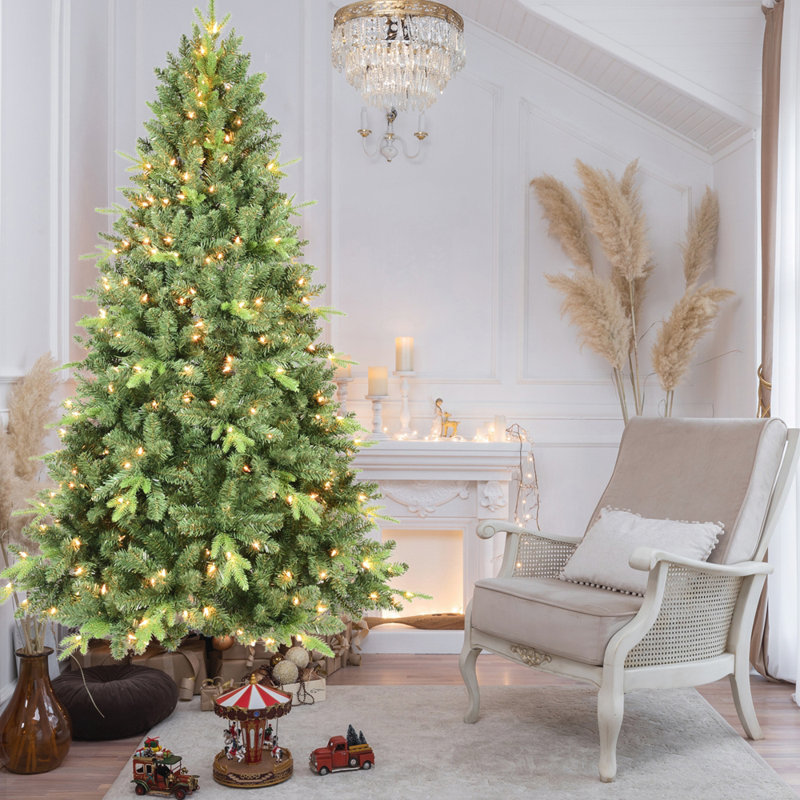 Arbre de Noël illuminé 6 pi avec 350 lumières blanc chaud UL 1339 pointes en PVC PE, branches articulées, support en métal robuste