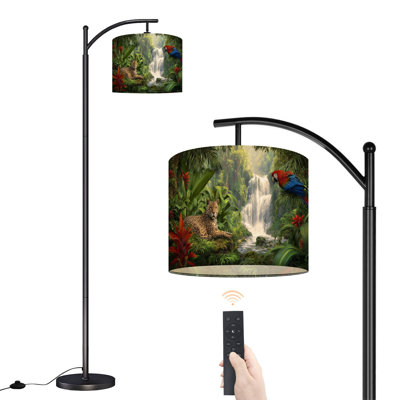 Arc Floor Lamp with Adjustable Lampshade Jungle Waterfall Tropical Plants Colorful Parrot Standing Lamp 3 Color Temperatures Dimmable Tall Pole Lamp with Foot Switch for Bedroom