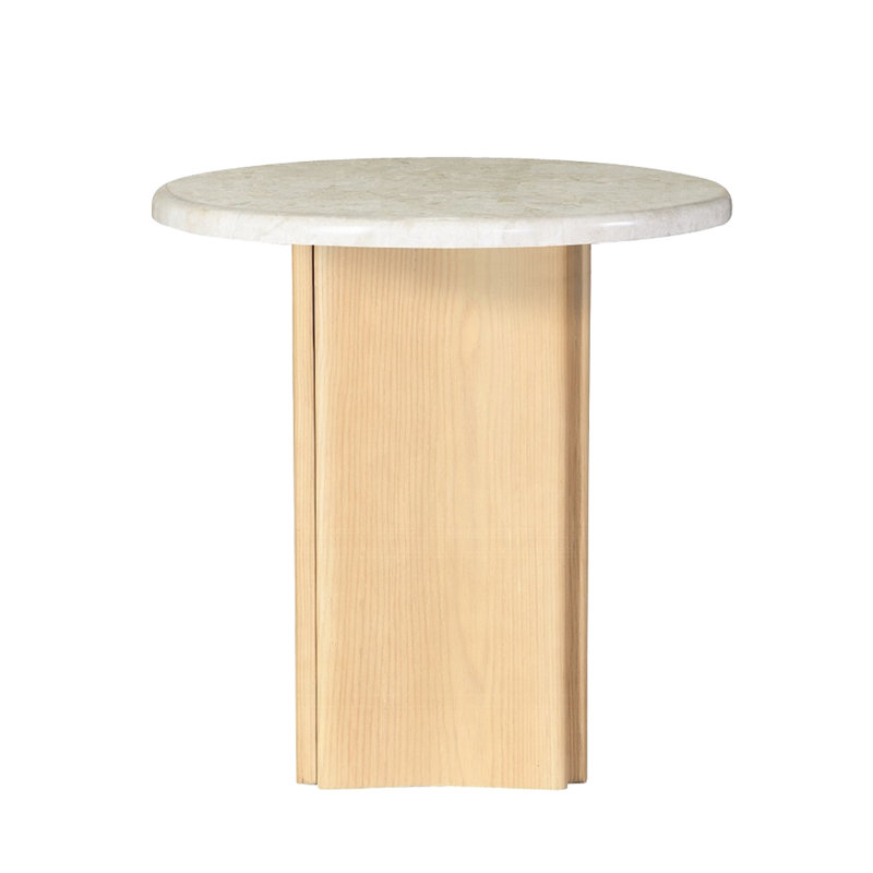 Round Faux Marble Top End Table With Wooden Curved Base In White And Oak