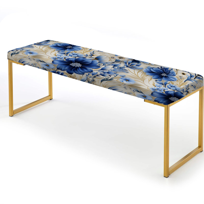 Floral Upholstered Gold Bench, Enchanted Blue And White Peonies Pattern III