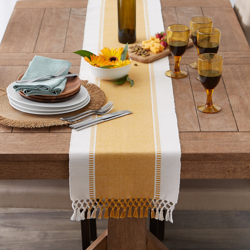 Kizer Striped 100% Cotton Table Runner, 72" x 13", Honey Gold