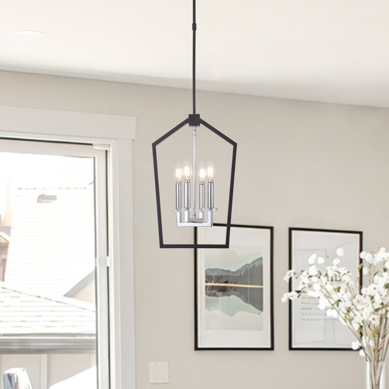 Luminaire suspendu carré / rectangulaire à 4 lumières avec accents en fer forgé, Noir/chrome