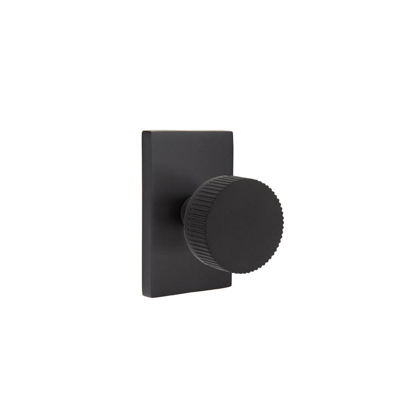 Emtek Select Passage Knobset w/ Modern Rectangle Rosette, Conical Stem & Straight Knurled Knob, Flat Black