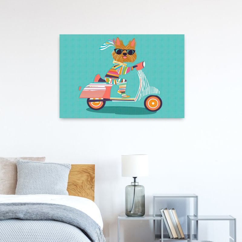 Whimsical Dog Scooter Colorful Playful Vibrant Dog Summer Wall Art Print by Mathieu - Wrapped Canvas Print