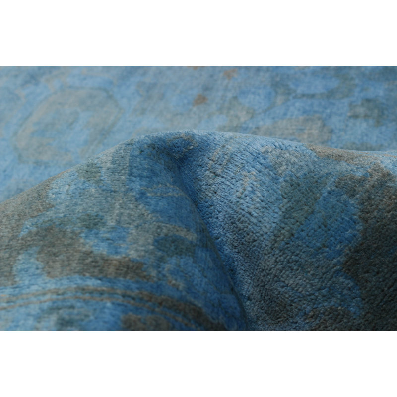 Tapis bleu en laine noué à la main de conception unique 6 pi 1 po x 8 pi 9 po