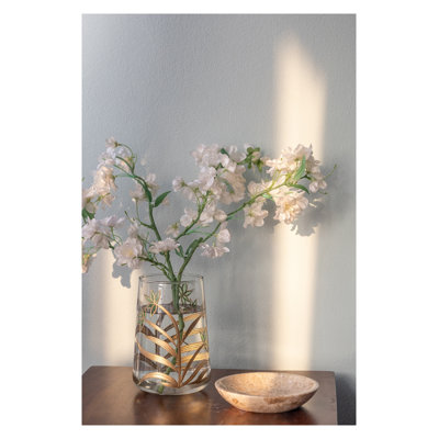 Clear Glass Votive Candle Holder with Green and Gold Floral Design, 4.9" Diameter x 7.1" Height