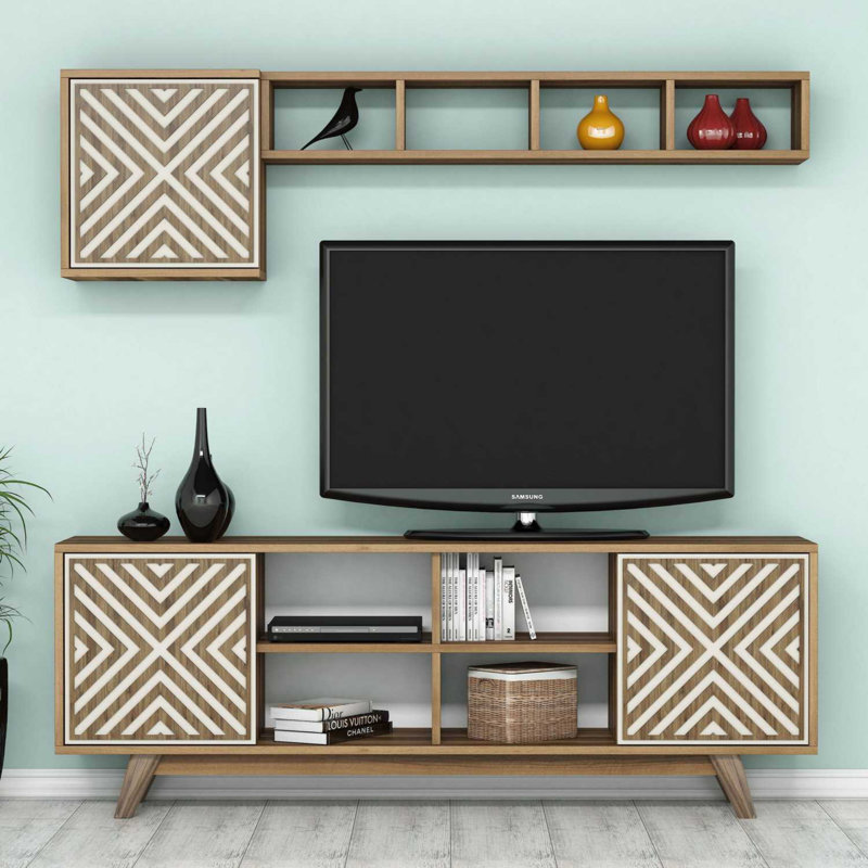 Modern TV Unit with Wall Shelf & Cabinet, Walnut & Cream, 63.0 x 22.1 x 13.8 inches | 100% Melamine Coated Particle Board, Thickness: 0.7 inches | Numerous Shelves, Geometric Design, Perfect for Home Entertainment Spaces