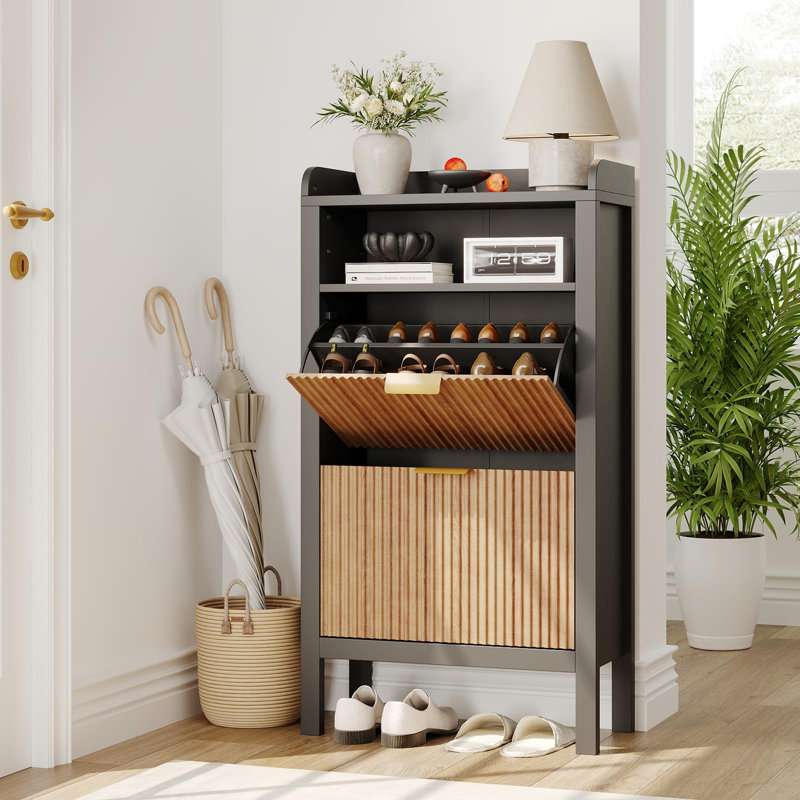 Slim Shoe Storage Cabinet with 2 Flip Drawers, Fluted Narrow Shoe Organizer with Legs for Entryway