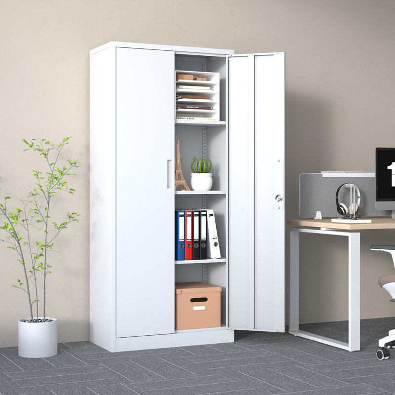 71"H Metal Garage Storage Cabinet, White Tool Steel Locking Cabinet With Doors And 3 Adjustable Shelves, Tall Cabinets For Garage Storage Systems Lockable File Cabinet For Home Office,Classroom,Pantry