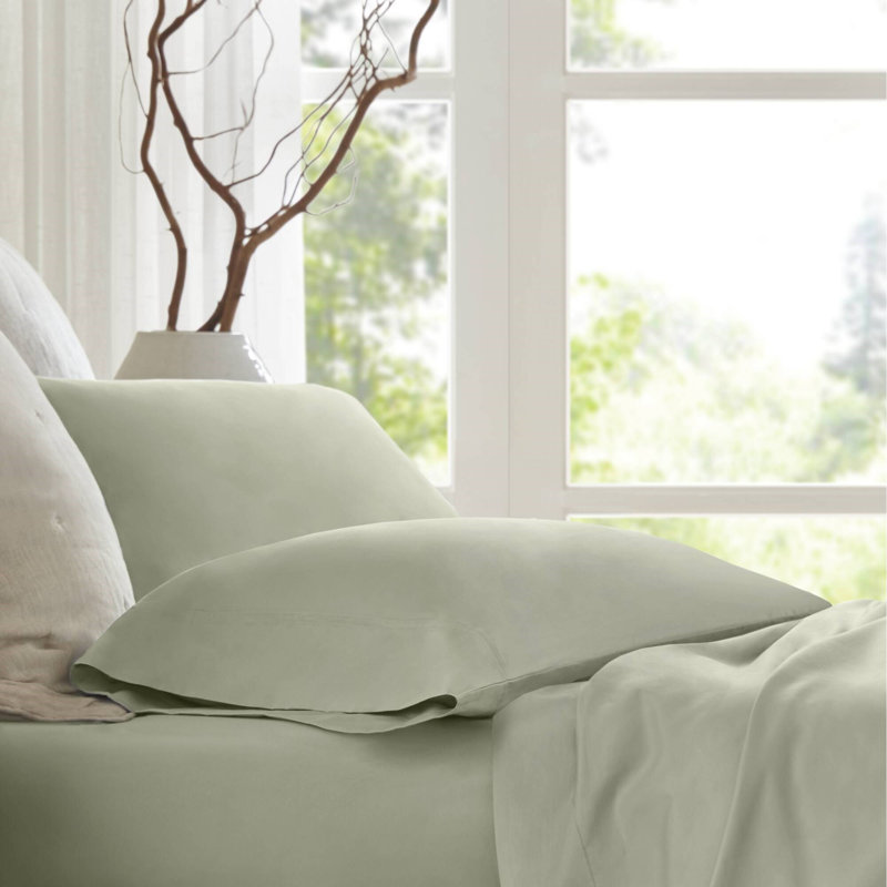 100% Egyptian Cotton Sage Sateen 2-Piece Standard Sham Pillowcase Set, Sage, Standard Sham