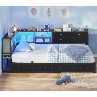 Twin Daybed With Charging Station, Corner Bed Frame With Led Lights 8 Storage Drawers And Bookcase, Black