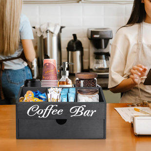 Coffee Bar Organizer Countertop, Wooden Bar Accessories With Drawer, Coffee Station Organizer Pods Holder Storage Basket, Farmhouse Tea Condiment Station
