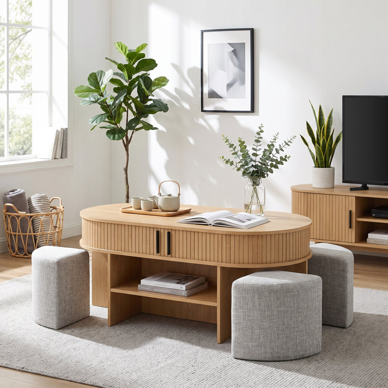 Table basse ovale en chêne 47 po avec 4 tabourets rembourrés Elyza, table de cocktail multifonctionnelle en bois avec rangement dissimulé et tablettes ouvertes, conception emboîtable peu encombrante, résistante aux égratignures
