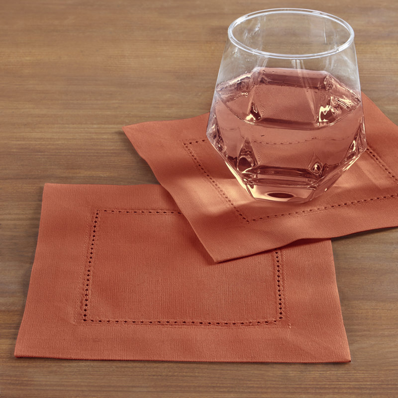 Cotton Linen Hemstitch Cocktail Napkins, Pumpkin