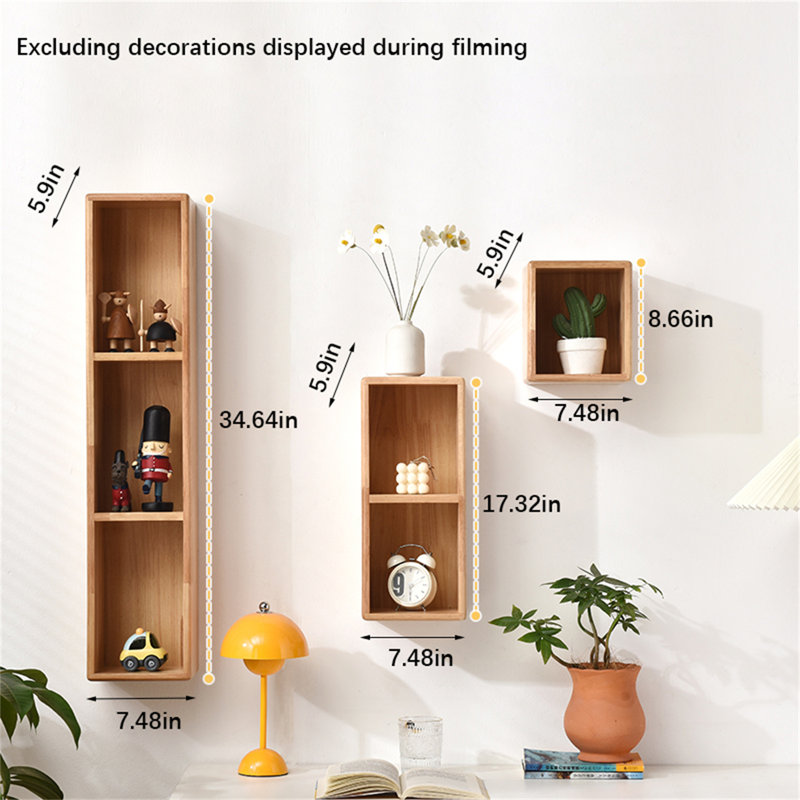 Solid Oak Wall Shelf With Multi-Cubby Design