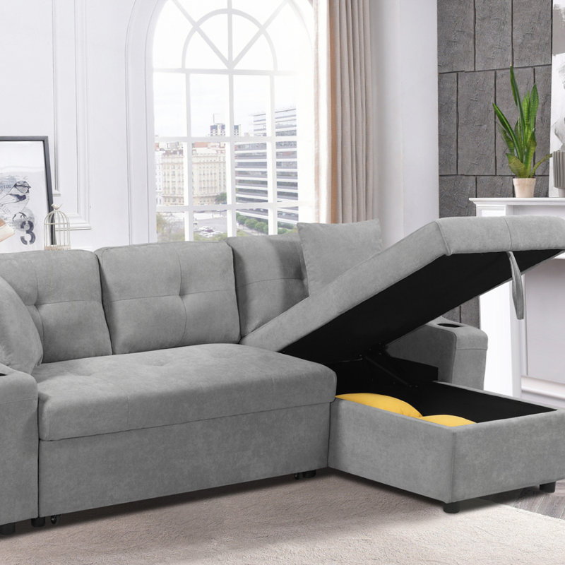 Canapé avec porte-gobelet pour le salon, Tissu en polyester gris clair