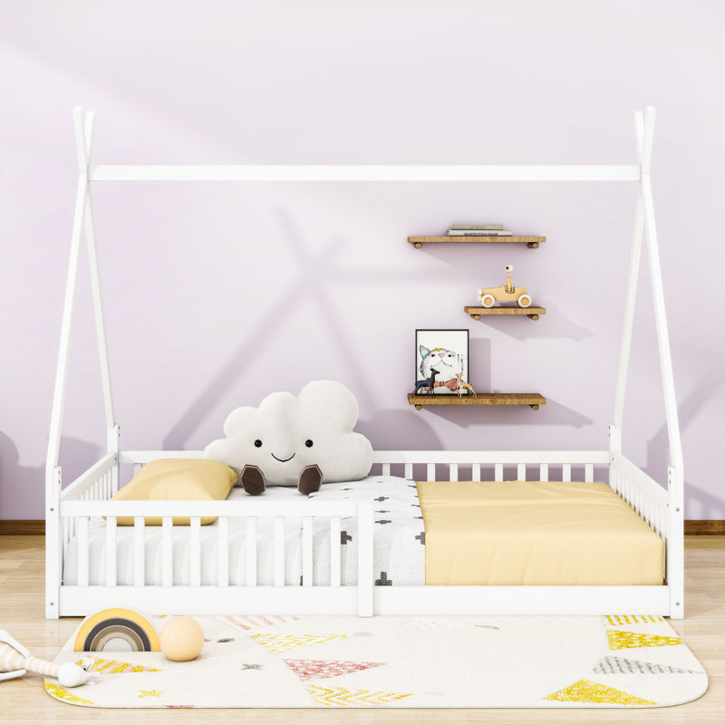 Twin Wood House Bed With Guardrails, House-Shaped Design, White