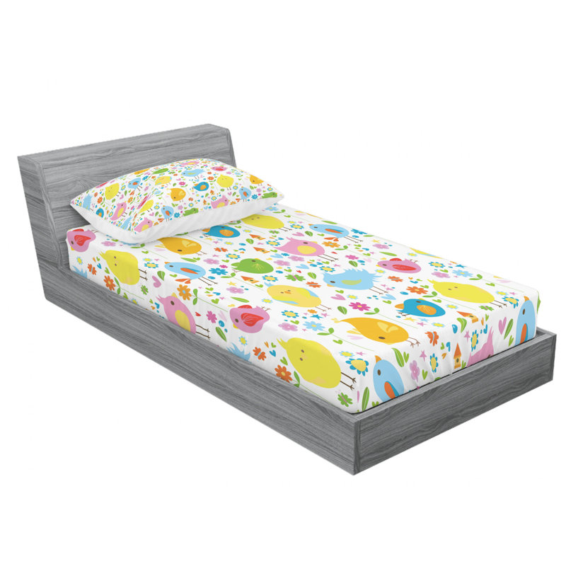 Ensemble de draps Spring Birds with Flowers, Ensemble de draps pour lit simple avec drap-housse