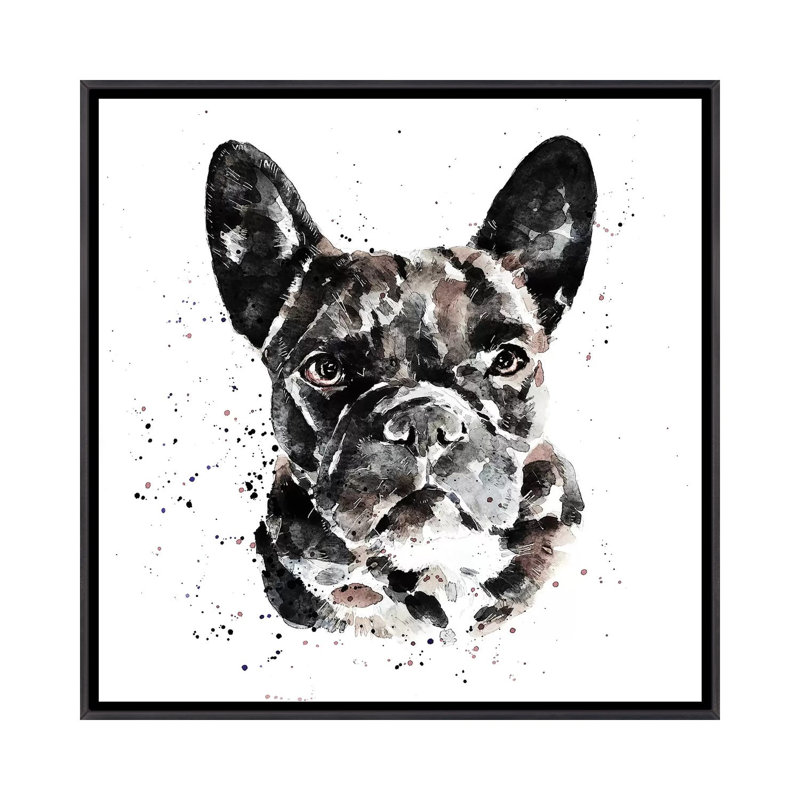 « Black Frenchie » par Edwatercolours-impression, Toile avec cadre noir patiné, Pas de tapis, H 18 po x l 18 po x 1,5 po