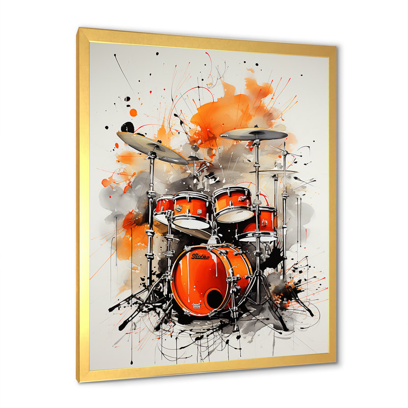 Red Silver Spark Drum Rhythm - Art mural musique, Encadrement doré, H 32 po x l 24 po x P 1 po