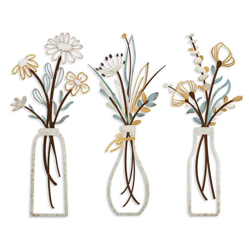 Ensemble de 3 décorations murales fleurs en métal - décor de ferme rustique beige minimaliste