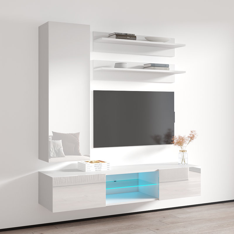 Meuble audio-vidéo mural flottant de 63 po avec éclairage à DEL 16 couleurs Leung Leung, Blanc