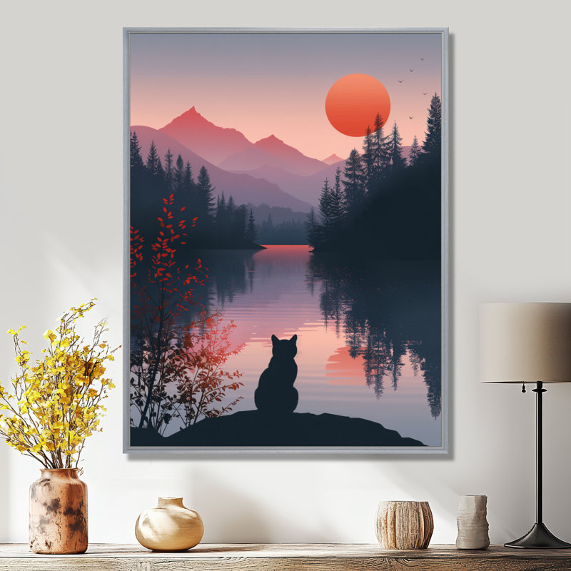 Silhouette de chat rose noir, Sunset Lake III - art mural chat, Toile argentée avec cadre flottant