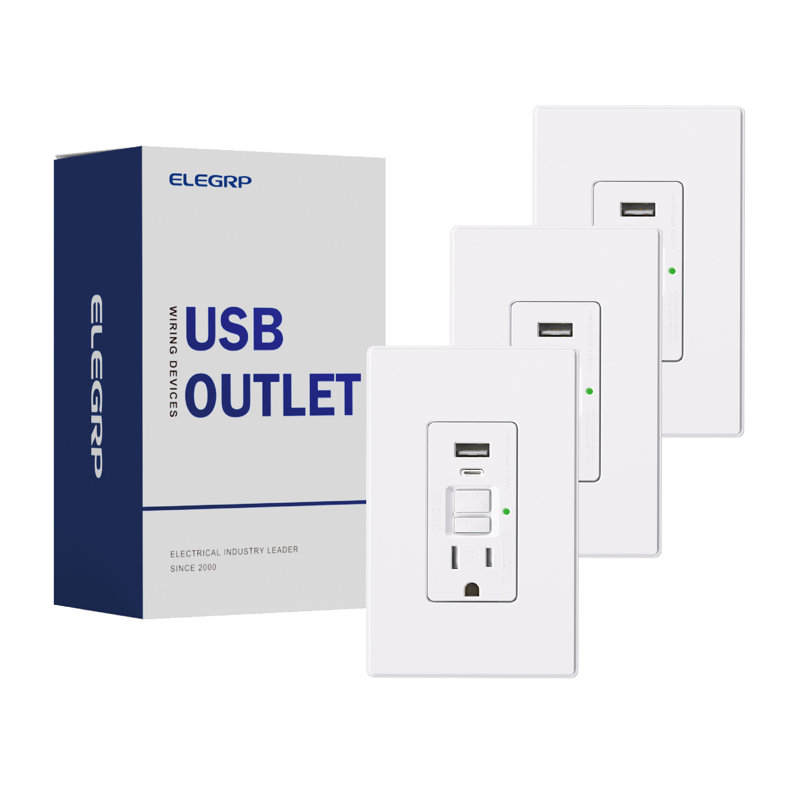 Prises de courant de 15 ampères résistantes à l'auto-test avec disjoncteur de fuite à la terre et prise combinée avec chargeur USB de 24 W, type A et type C, puissance de charge de 4,8 A, certification UL et CUL, plaque murale de taille moyenne inclu