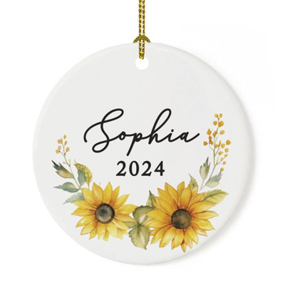Custom Sunflower Garland Ceramic Christmas Ornament With Name, For Mom Or Grandma