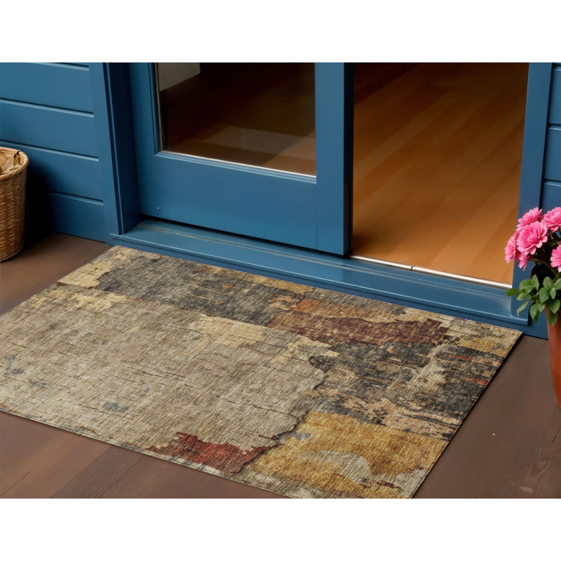 Tapis d'extérieur lavable abstrait gris anthracite et terre cuite 3 pi x 5 pi kaki