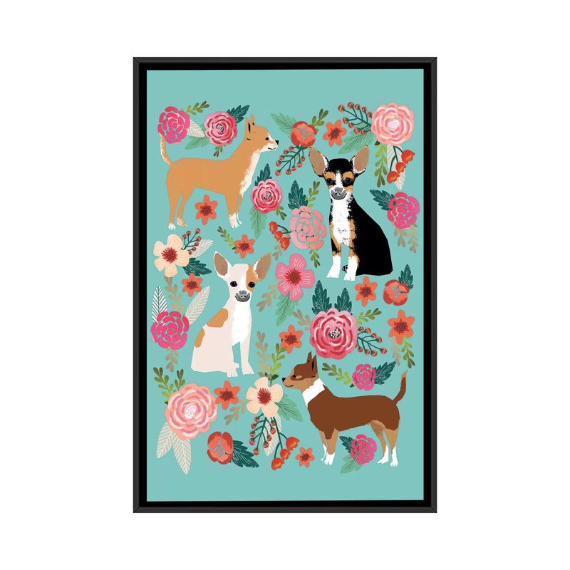 « chihuhua floral collage », impression sur toile tendue, H 48 po x l 32 po x P 1,5 po, Toile avec cadre noir, Pas de tapis