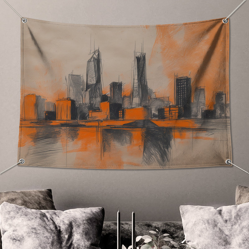 Tapisserie murale orange City Skyline - décor mural paysage urbain, 50 po H x 60 po L avec 4 œillets