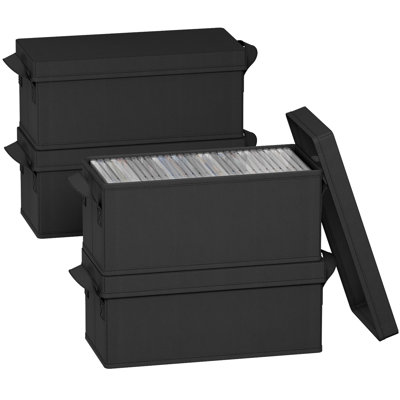 Cd Storage Box, Stackable Cd Case Holder Organizer, Foldable Cds Container With Lid, Handles, Media Organizer Bin For Albums 13.2" L X 5.3" W X 5.9" H Holds Up To 120 Pcs Cds (30 Each), 4 Pack