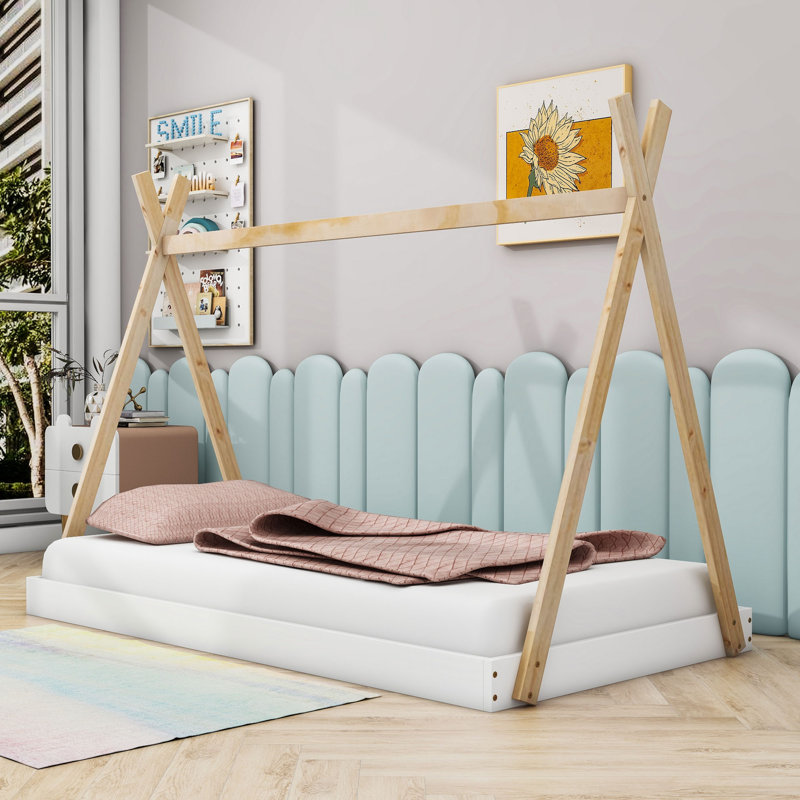 Twin Size Wooden Tent Floor Bed with Triangle Structure, White/Natural