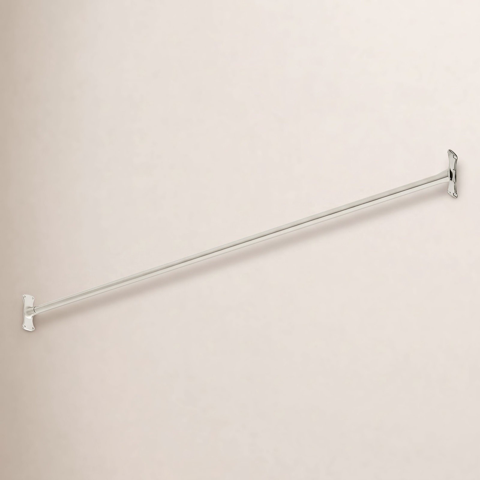 Straight shower curtain rod in a silver finish with two wall-mounting flanges