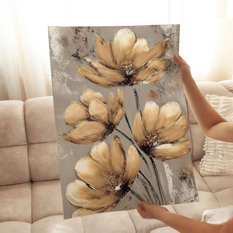 Impression florale de fleurs dorées modernes sans cadre, H 16 po x l 12 po