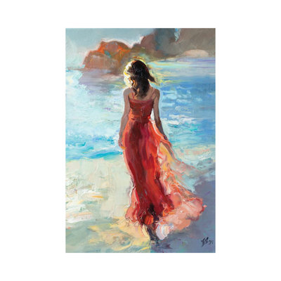 Girl In Red By The Sea by Katharina Valeeva - Wrapped Canvas Painting