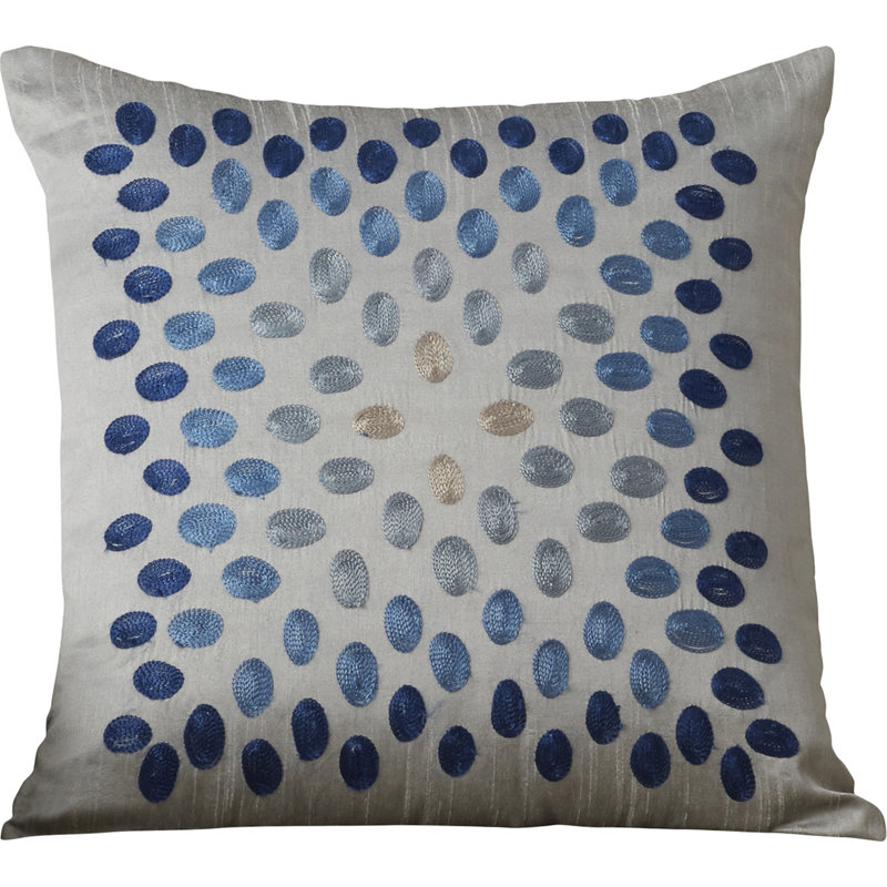 Blue and Gray Embroidered Dotted Square Throw Pillow