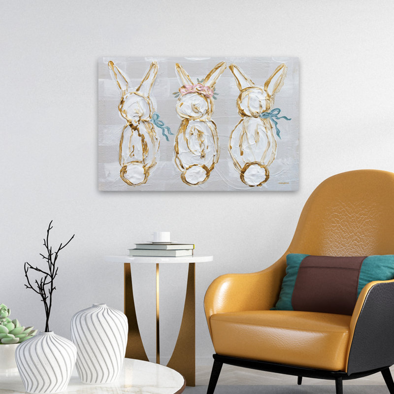 Bunny Trio - Lapins de Pâques contemporains, art, H 16 po x l 24 po