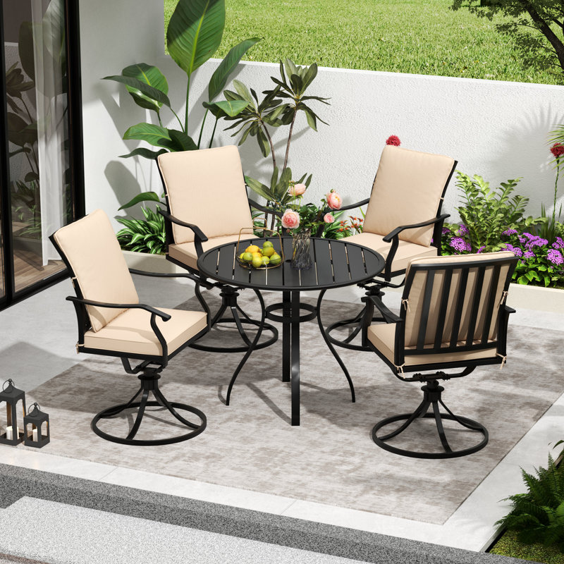 Ensemble repas d'extérieur 5 pièces avec chaises pivotantes et table ronde en métal, structure en métal robuste pour le jardin, le patio et la cour
