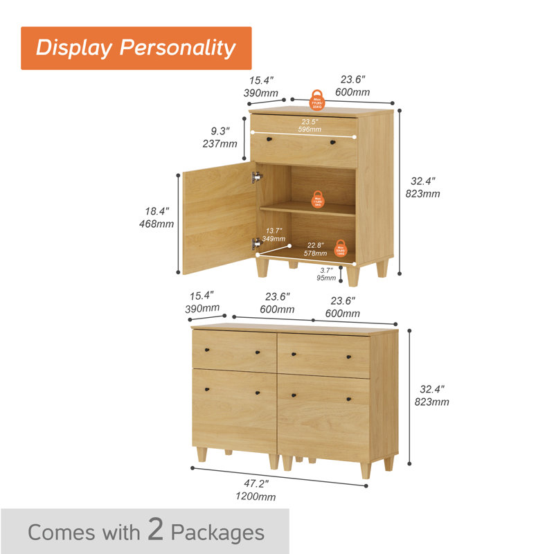 Lysiane Solid Wood 2 - Door Accent Cabinet, Oak