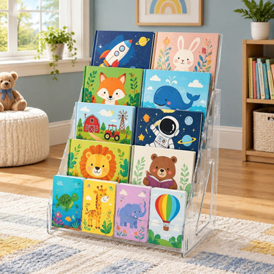 Une mini-bibliothèque transparente à 5 niveaux crée un présentoir de table pour les enfants et les tout-petits dans les salles de classe, les salles de jeux ou les chambres d'enfants.