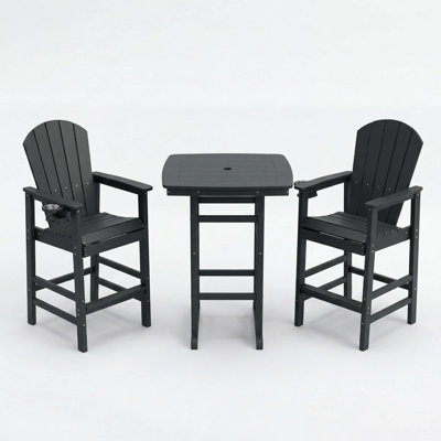 3-Piece Bar-Height Patio Set with Square Slatted Table and Two Ergonomic Bar Chairs for Outdoor Dining and Socializing.