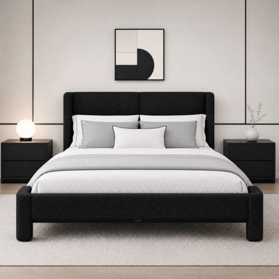 Upholstered Platform Bed with Wingback Headboard and Charging Ports