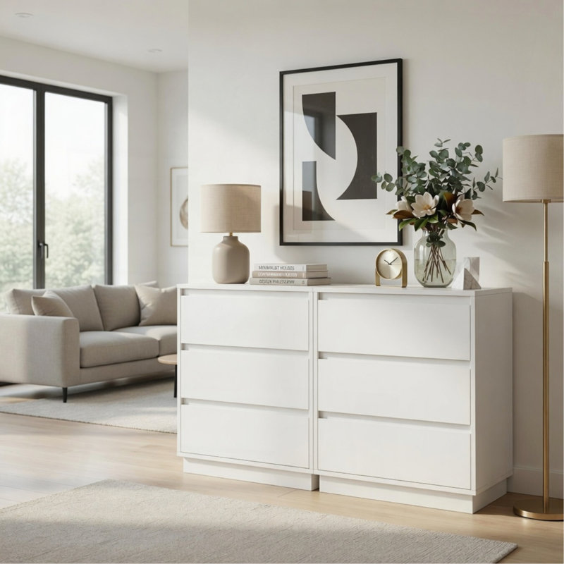 Ensemble de 2 grandes tables de chevet blanches en bois Morden de 23,6 po avec 3 tiroirs, Blanc